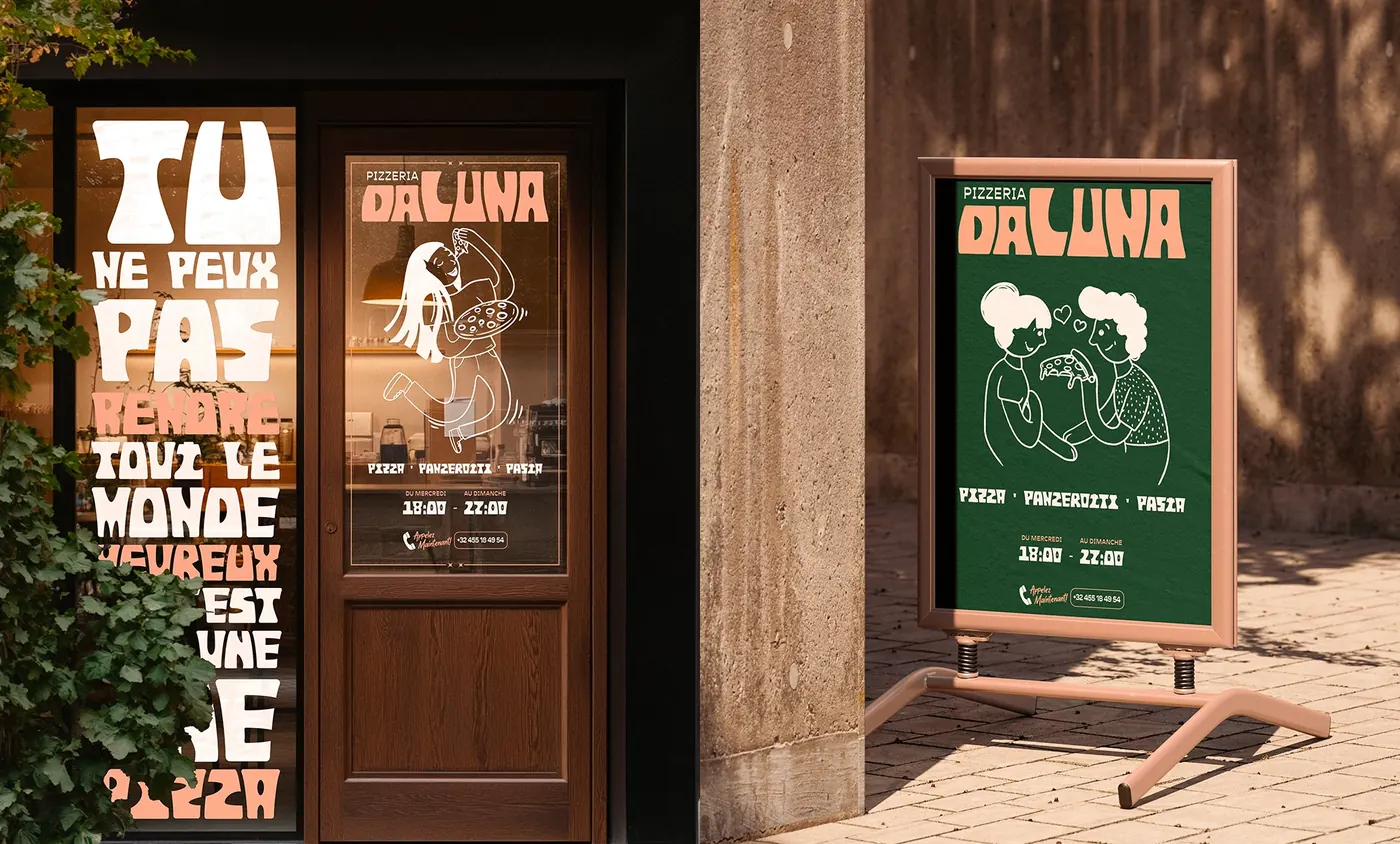 Devanture restaurant Da Luna — affichage chevalet et manifeste pizza